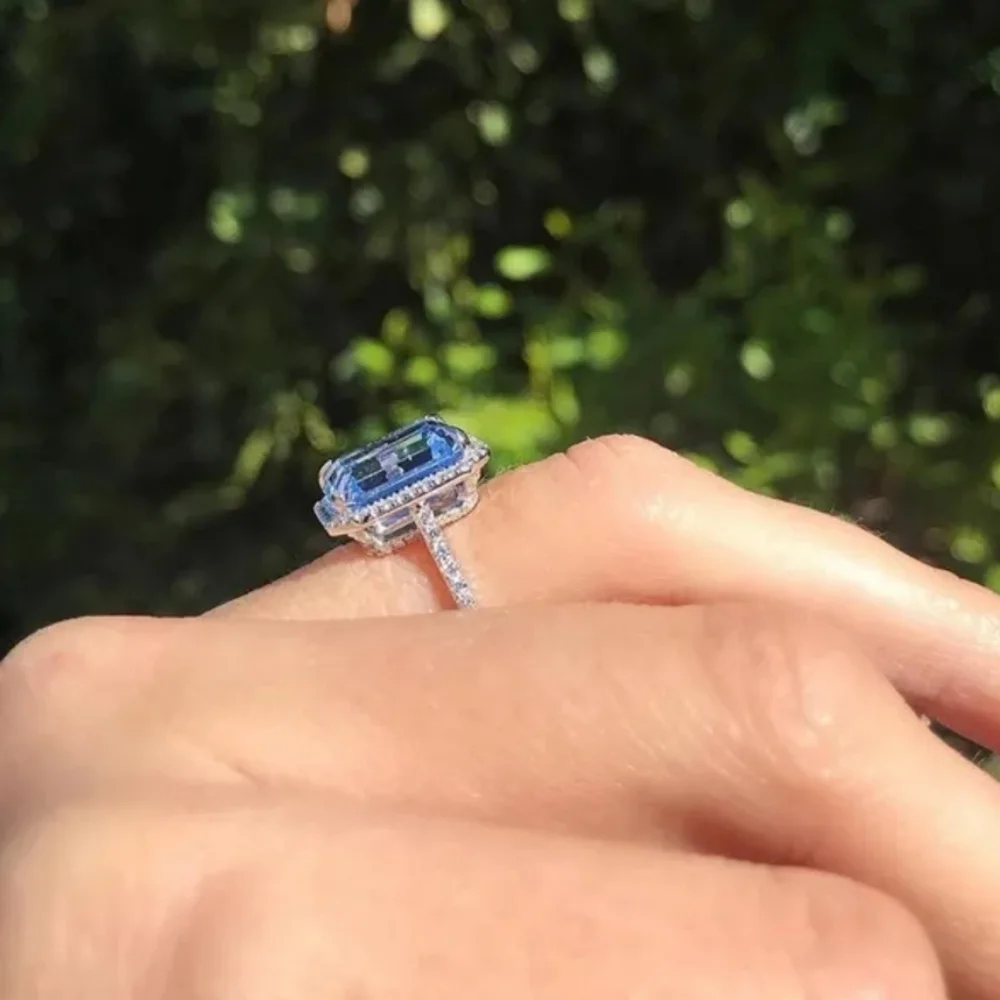 New Blue Aquamarine Silver Diamond Halo Ring - Picture 3 of 5